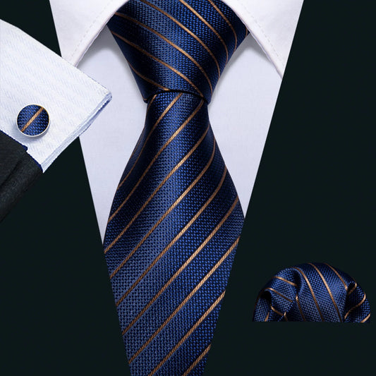 Men Tie Gold Navy Blue Striped Tie Barry.Wang 3.4" Jacquard Party Wedding Woven Fashion Designers Necktie For Men silk Busine