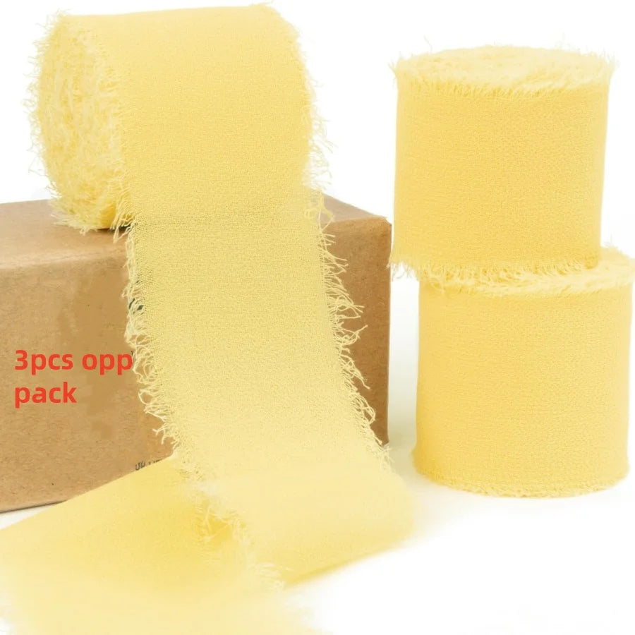 3 Roll/set 5m Frayed Edged Satin Handmade Chiffon Silk Ribbon For Wedding Invitation Bouquets Birthday Party DIY Decoration G