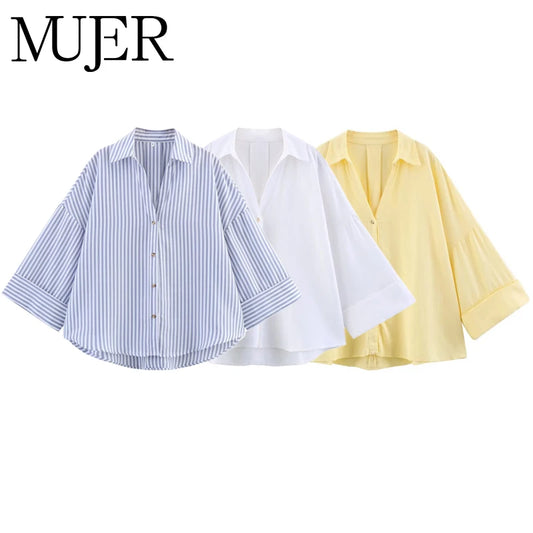MUJER Striped Women's Shirt White Loose Casual Shirts for Women Summer Button up Shirts and Blouses Woman Wide Sleeve Ladies 