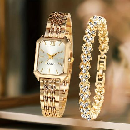 2PCS/Set Fashion Rectangle Women Quartz Watch Ladies Roma Dial Wristwatches Rhinestone Bracelet Set Reloj Mujer Girls Clock G