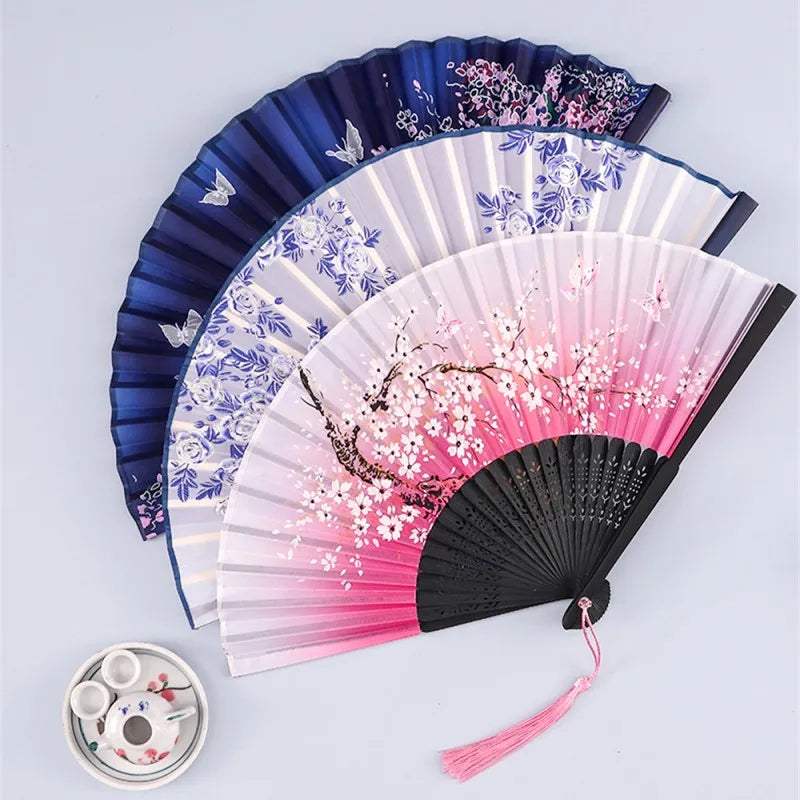 Vintage Silk Folding Hand Fan Chinese Japanese Bamboo Fans Craft Gifts Women Dance Performance Props Home Decoration Ornament
