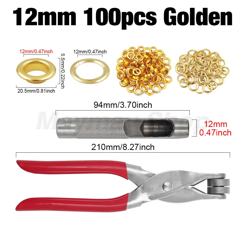 4mm/6mm/12mm Eyelet Grommet Install Plier With 100 Sets Eyelet Metal Hole Ring For DIY Cap Bag Clothes Leathercraft Shoes Bel