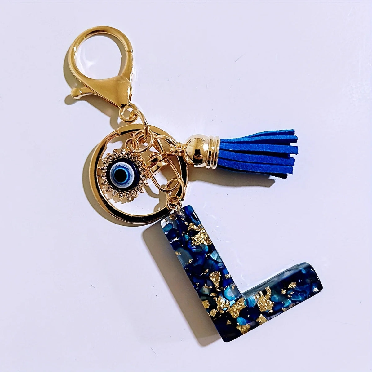Blue Resin Initial Keychain - Evil Eye Letter Charm with Rhinestones & Tassel, Stylish Gift for Women, Lobster Clasp Accessor