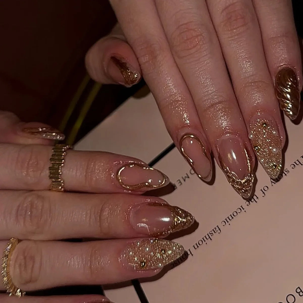 24pcs Long Almond Press on Nails False Nails with Golden Decoration Wearable Stick-on Nails Fake Nail Uñas Накладные Ногти 네일