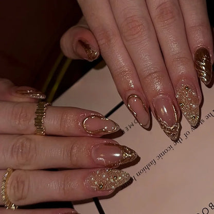24pcs Long Almond Press on Nails False Nails with Golden Decoration Wearable Stick-on Nails Fake Nail Uñas Накладные Ногти 네일