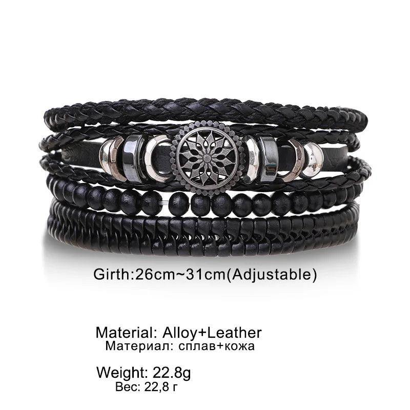 4Pcs/ Set Braided Wrap Leather Bracelets for Men Vintage Life Tree Rudder Charm Wood Beads Ethnic Tribal Wristband Rope Brace