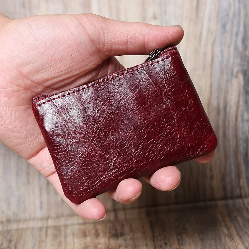 Leather Mini Coin Purse Unisex Simple Portable First Layer Cowhide Retro Handmade Zipper Small Wallet Key Case - Burgundy