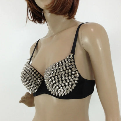 Sexy Rivets Punk Lingerie Underwear,Fashion Metallic Flash Rivet Bra with Wire Free for Women,Nightclub Party Bar Hot Bras