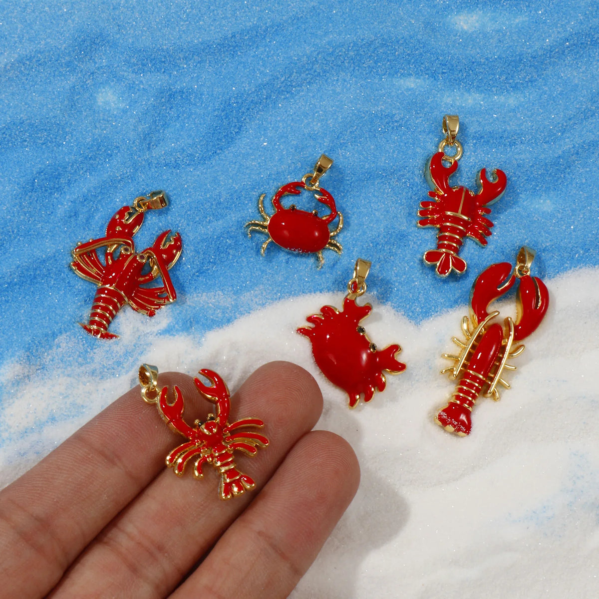 2 PCs Brass Ocean Series Lobster Jewelry Pendants 18K Gold Plated Red Enamel Crab Charms With Buttons For Necklace DIY Findin