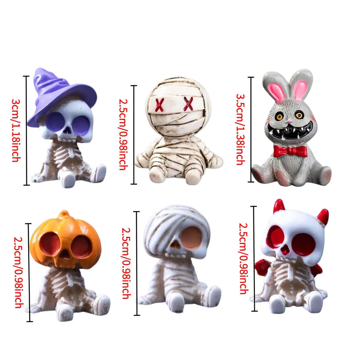6pcs Halloween Resin Skeleton Mummy Figurines Mini Statues for DIY Micro Landscape Bonsai Car Desk Decor - 6Pcs