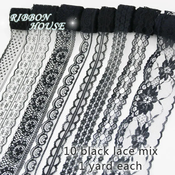 (10 yards/roll) Black lace fabric ribbon Webbing Decoration Lovely gift packing Material - 10 lace mix