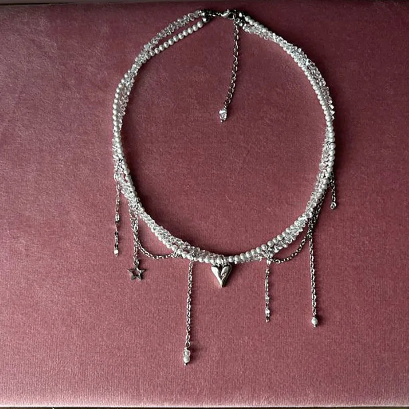 New Irregular Choker Vintage Zircon Heart Pendant Necklace For Women Female Pink & white Stone Chain Valentine's Gift N0548