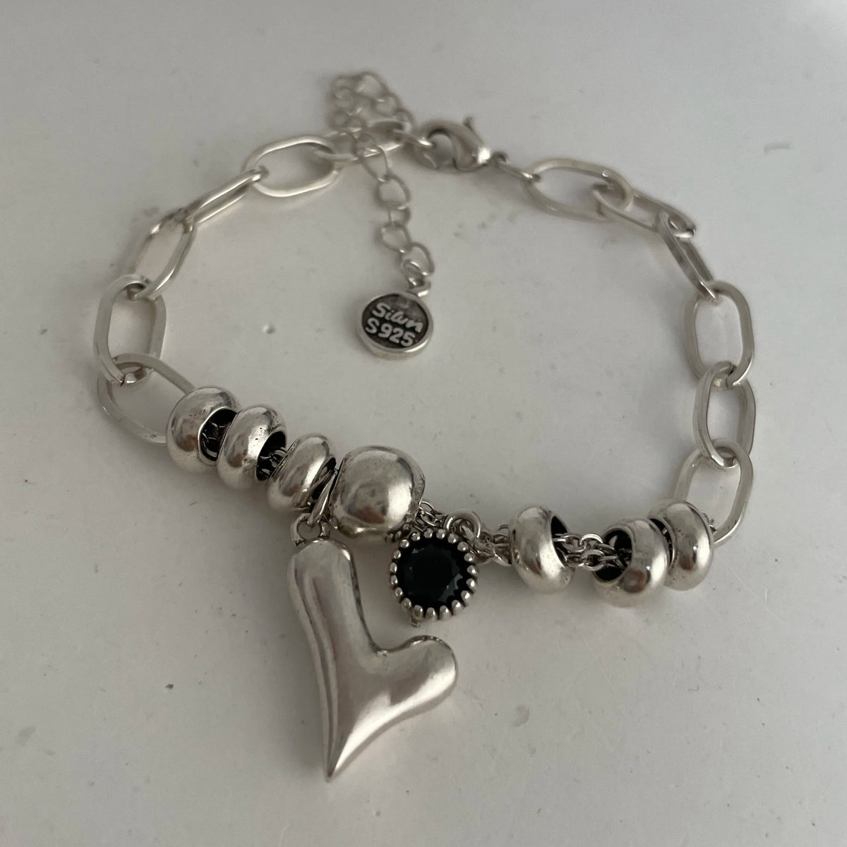 100% Solid 925 Sterling Silver Metal Bracelet for Women Vintage Handmade Simple Retro Heart Chain Bracelet Birthday Gift Part