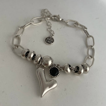 100% Solid 925 Sterling Silver Metal Bracelet for Women Vintage Handmade Simple Retro Heart Chain Bracelet Birthday Gift Part