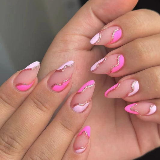 24PCS/ Almond Fake Nails Instantly Upgrade Your Look, Pink and White Set Off by Gold Lines, Simple and Generous, Suitable for