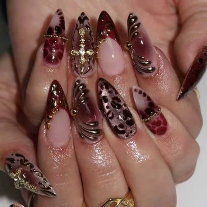 24pcs Long Almond Press on Nails False Nails with Golden Decoration Wearable Stick-on Nails Fake Nail Uñas Накладные Ногти 네일