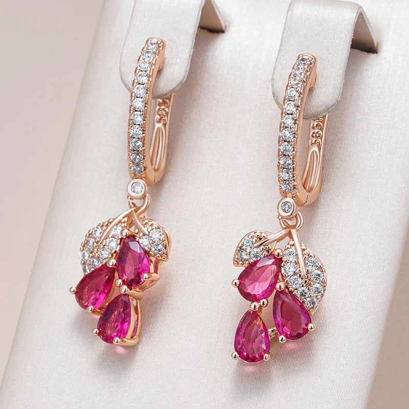 Wbmqda Red Pomegranate Flower Long Drop Earrings For Women 585 Rose Gold Color Luxury Elegant Zircon Jewelry Accessories