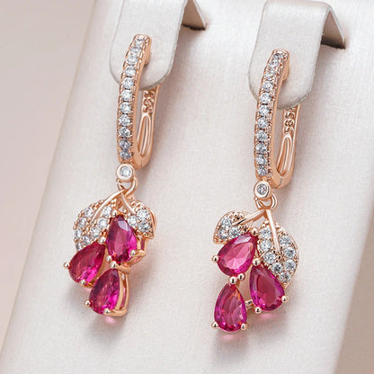 Wbmqda Red Pomegranate Flower Long Drop Earrings For Women 585 Rose Gold Color Luxury Elegant Zircon Jewelry Accessories