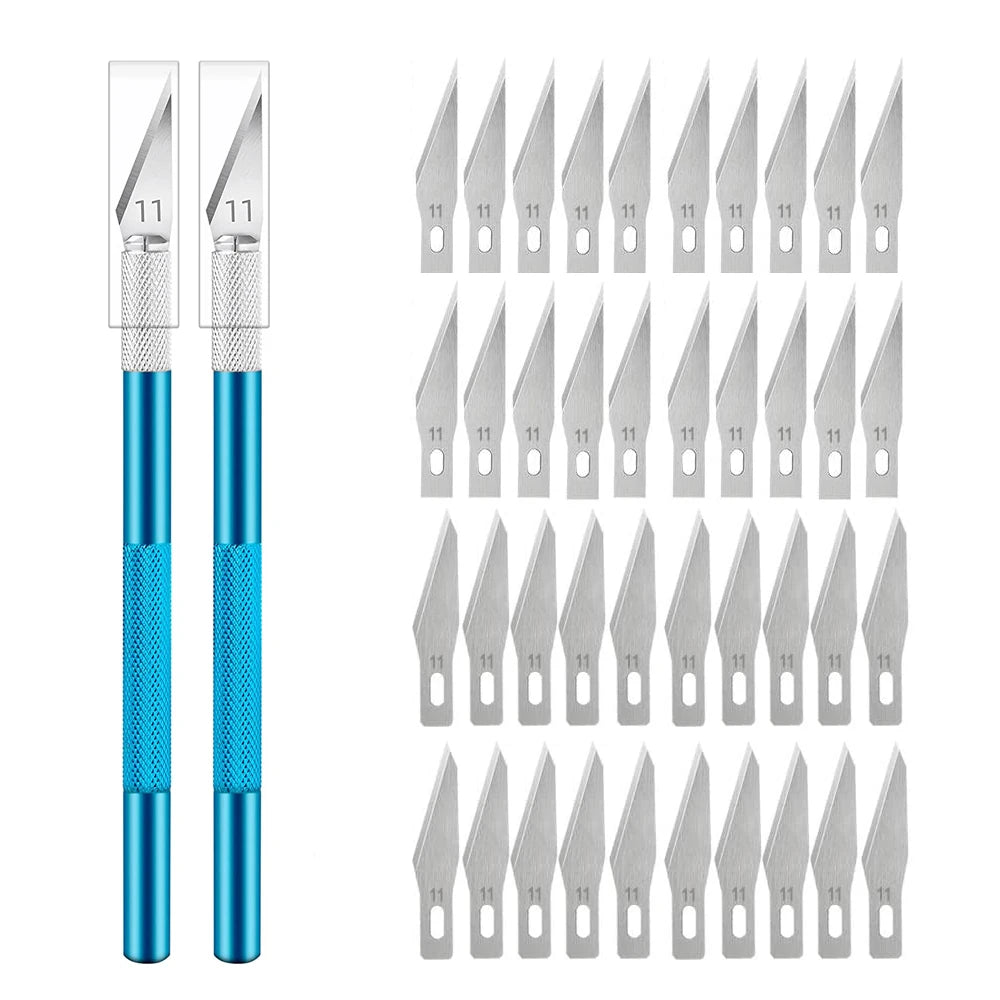 Engraving Non-Slip Metal Knife Kit + 40/10pcs #11 Blades Cutter Craft Knives for Mobile Phone PCB Repair Hand Tools - Blue