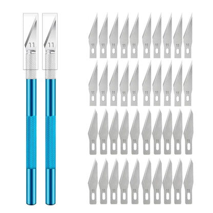 Engraving Non-Slip Metal Knife Kit + 40/10pcs #11 Blades Cutter Craft Knives for Mobile Phone PCB Repair Hand Tools - Blue