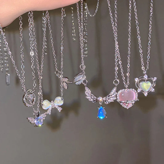 Y2K Crystal Bow Angel Wings Heart Pendant Necklace For Women Sweet Cool Girl Clavicle Chain Trendy Aesthetic Jewelry Accessor