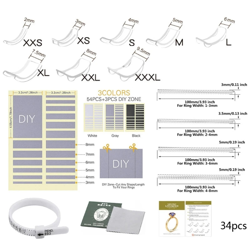 8/12/34 Pcs/Set Silicone Invisible Clear Ring Size Adjuster Guard Tightener Resizing Jewelry Tools Resizer Loose Rings