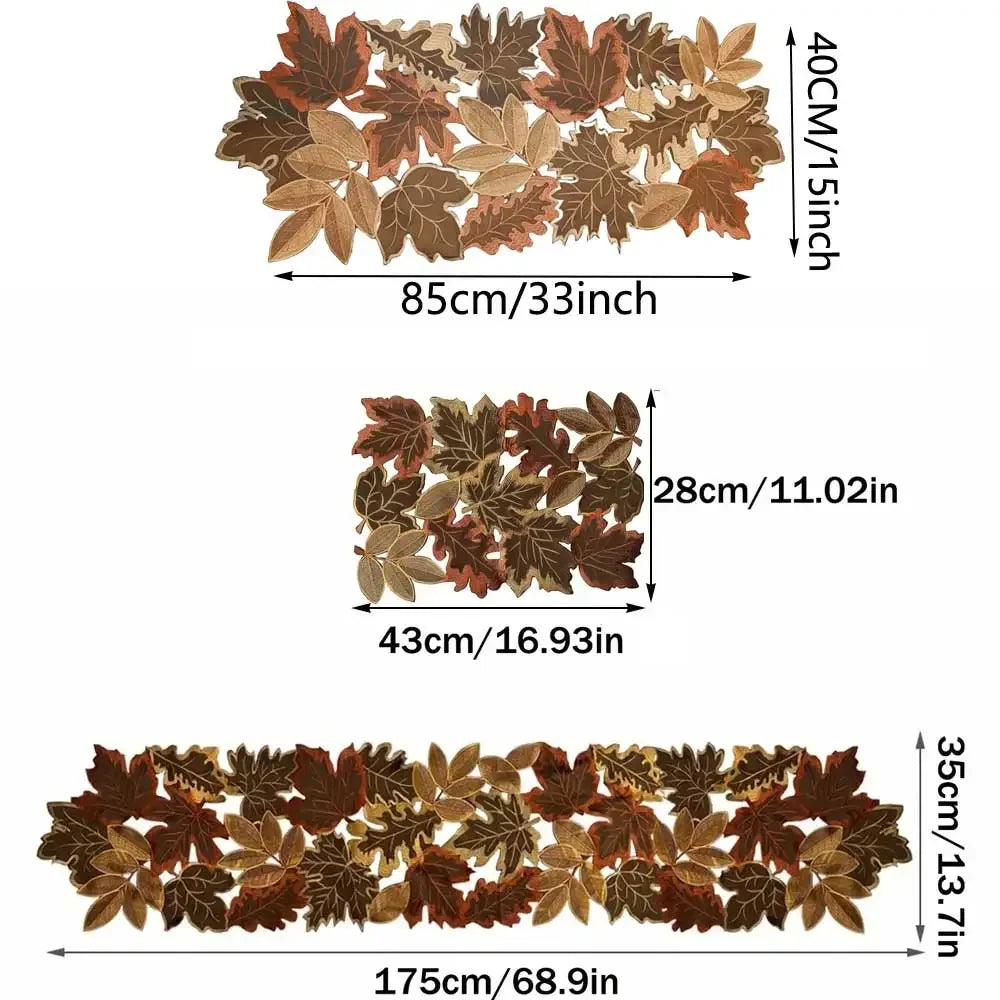 1pc Autumn Maple Leaf Embroidered Table Runner, Flocked Brown Maple Design, Rustic Farmhouse Thanksgiving Harves