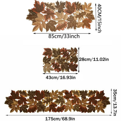 1pc Autumn Maple Leaf Embroidered Table Runner, Flocked Brown Maple Design, Rustic Farmhouse Thanksgiving Harves