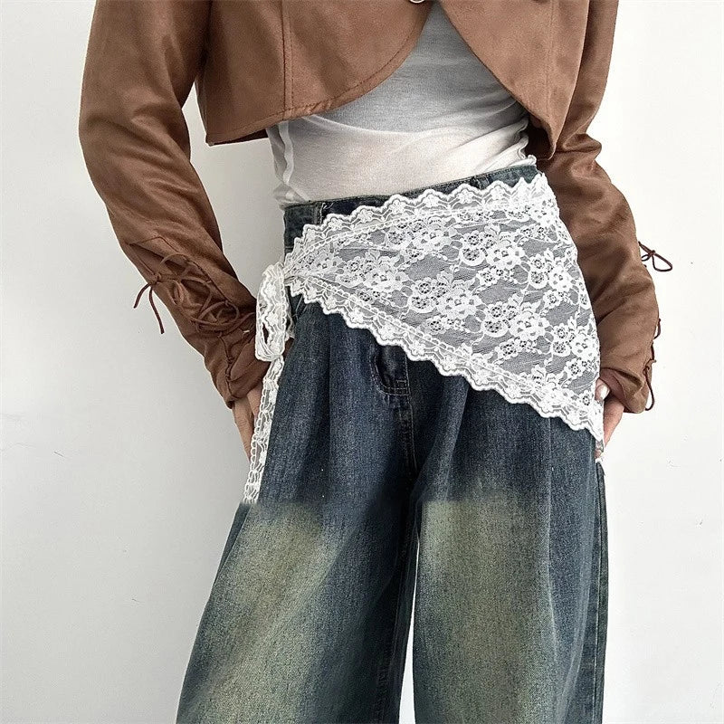 2025 ! Y2K Women Lace Tulle Bandage Skirt Stacked Lace Half Skirt Layering Small Butt Curtain Flower Triangle Hair Scarf