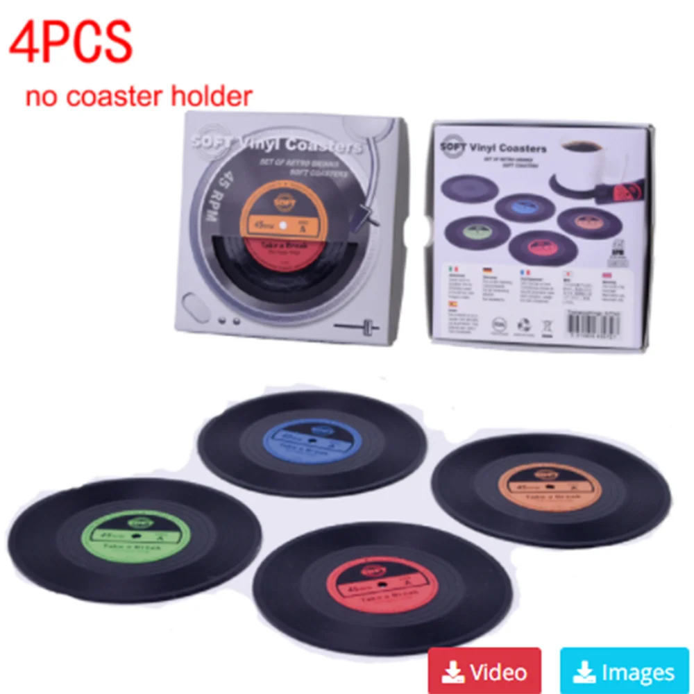 Set of 6 Vinyl Coasters for Drinks Music Coasters with Vinyl Record Player Holder Retro Record Disk Coaster Mug Pad Mat Creat