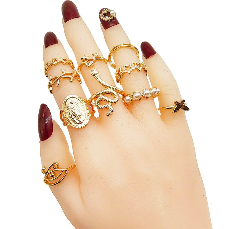 30pc/Lot Gold Color Finger Rings For Girls New Love Snake Animal Butterfly Cutout Star Pearl Thin Joint Ring Party Jewelry Wo