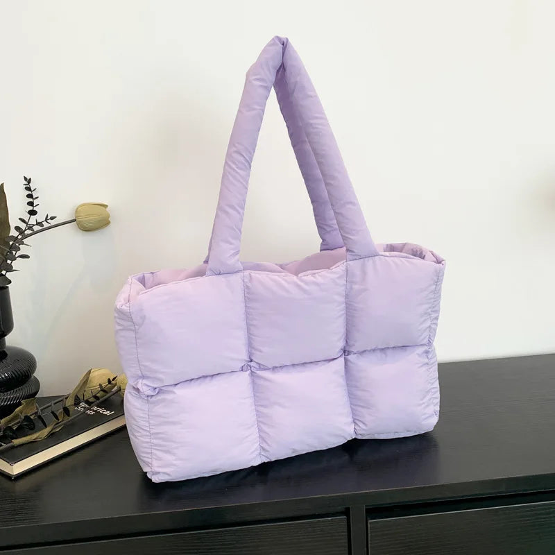 Women Tote Handbags Quilted Plaid Bag Retro Trendy Checkered Waterproof Shoulder Bag Solid Color Winter Soft Large Capacity B