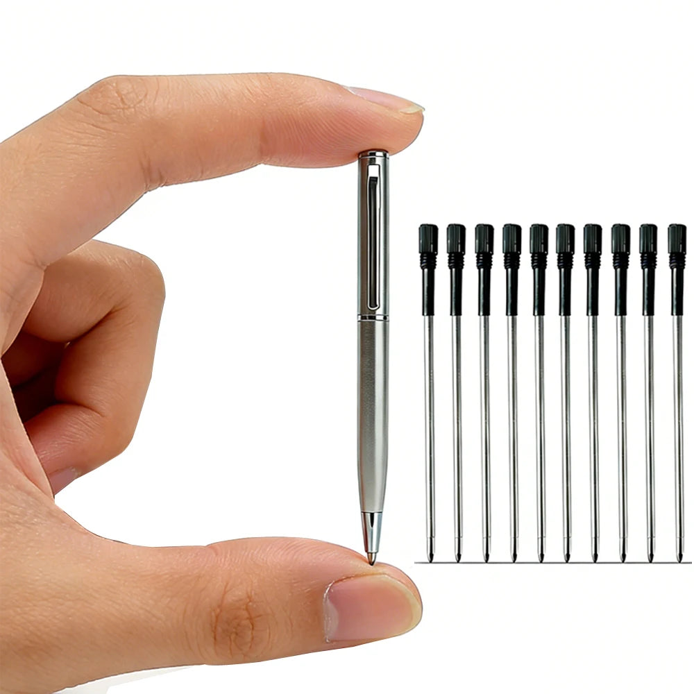 Mini Stainless Steel Metal Ballpoint Pen with 10 Replacement Refills Set, Portable Pocket Ballpen Compact Short Pen for Walle