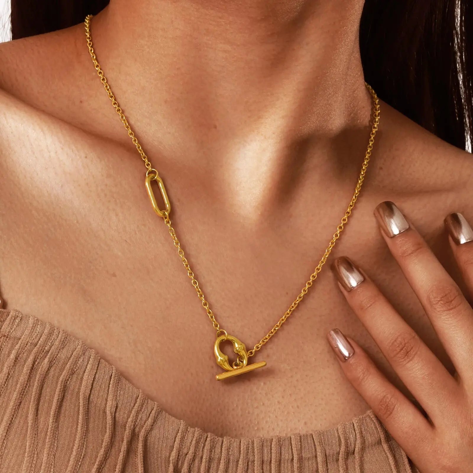 Lariat Necklace Women, Gold Plated Long Toggle Necklace, Y-shaped Geometric Drop Pendant Stainless Steel Collar Jewelry