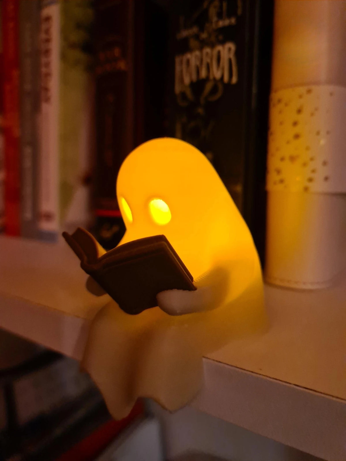 Halloween Party Decoration Favors Cute Little Ghost Sitting on A Shelf Reading A Book with Flickering Ornament Gift Spooky Id