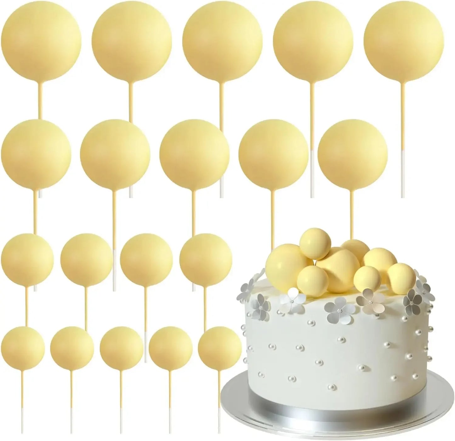 20-Piece Mini Balloon Cake Topper Decorations with Gold Ball Picks - Festive Cake Decor for Celebrations - Light Yellow