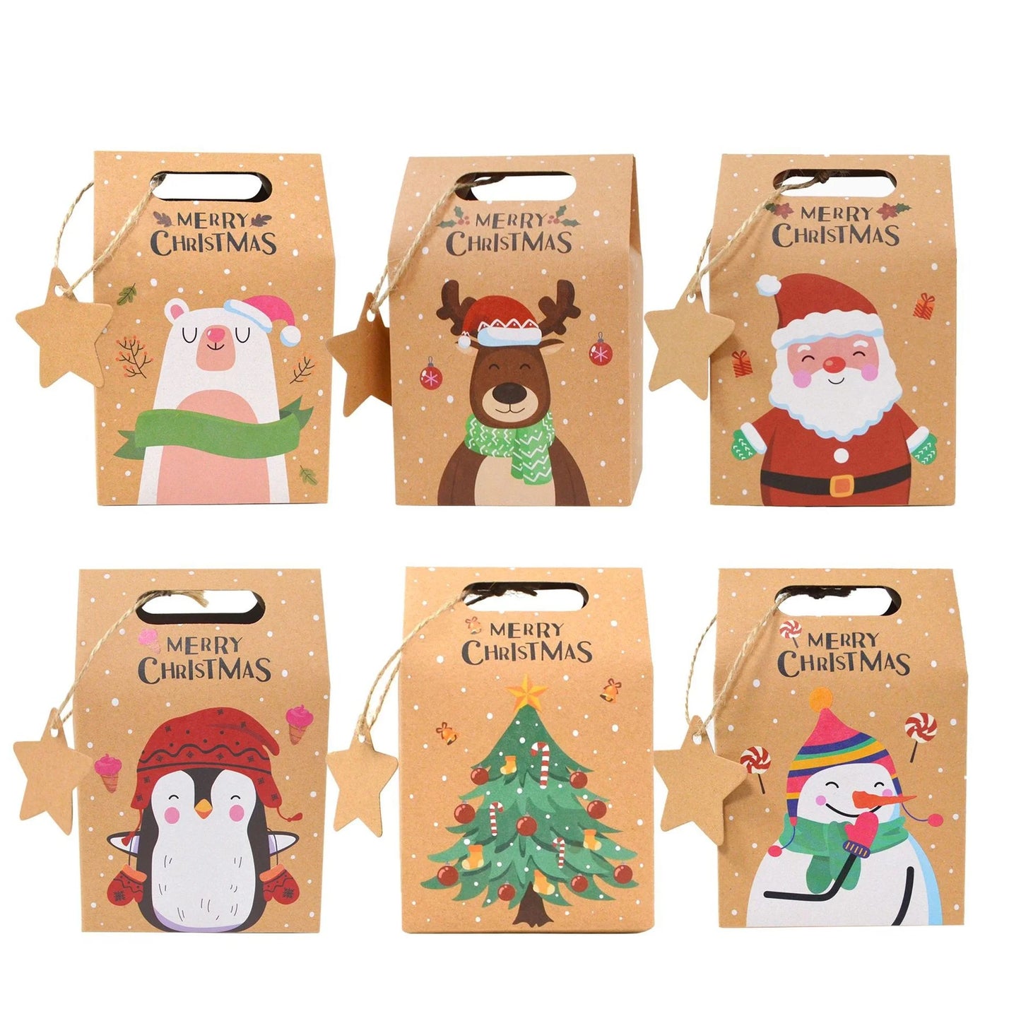 6/12/24Pcs Christmas Candy Gift Box with Tag Kraft Paper Cookie Snack Packing Bags 2024 Xmas Party Home Decoration New Year 2