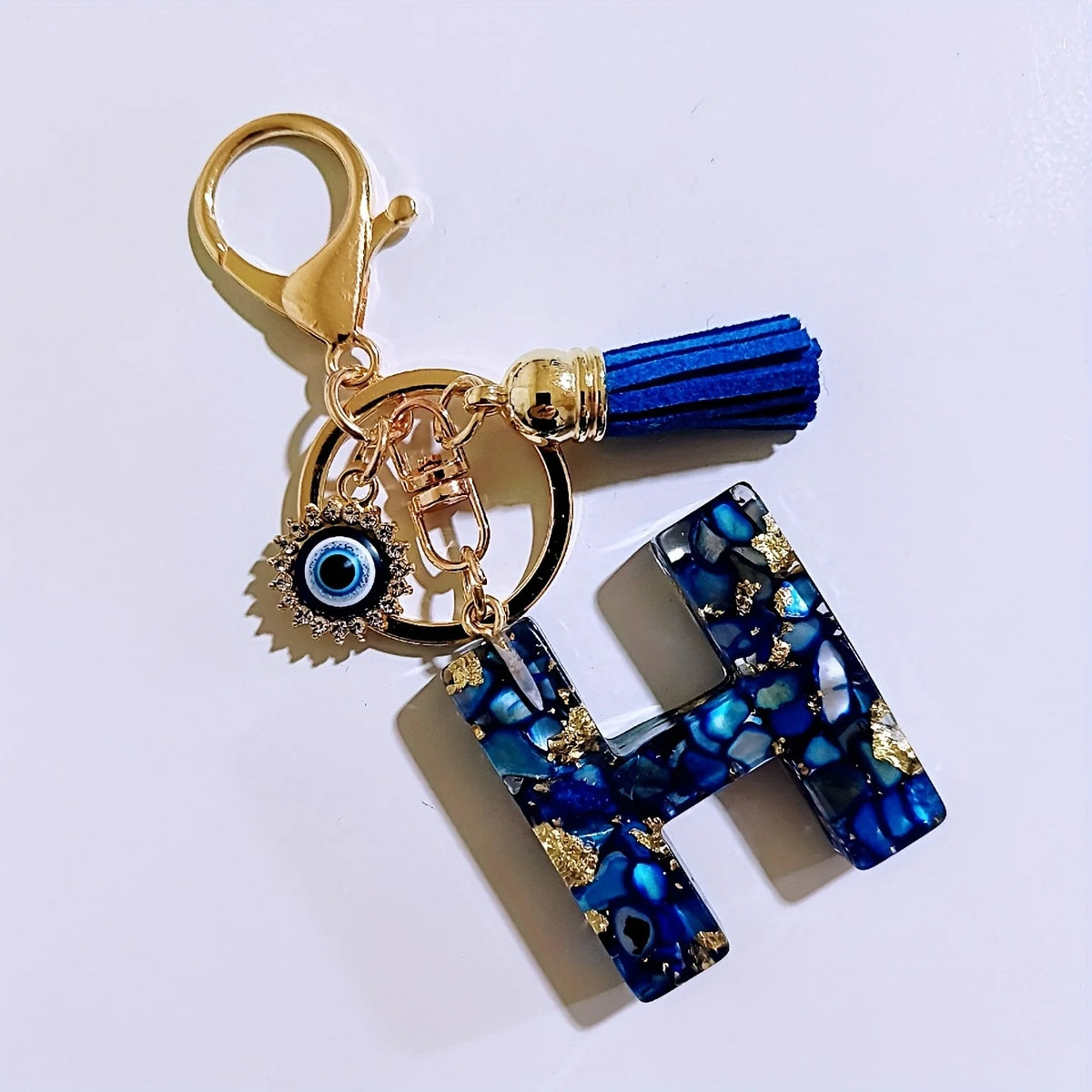 Blue Resin Initial Keychain - Evil Eye Letter Charm with Rhinestones & Tassel, Stylish Gift for Women, Lobster Clasp Accessor