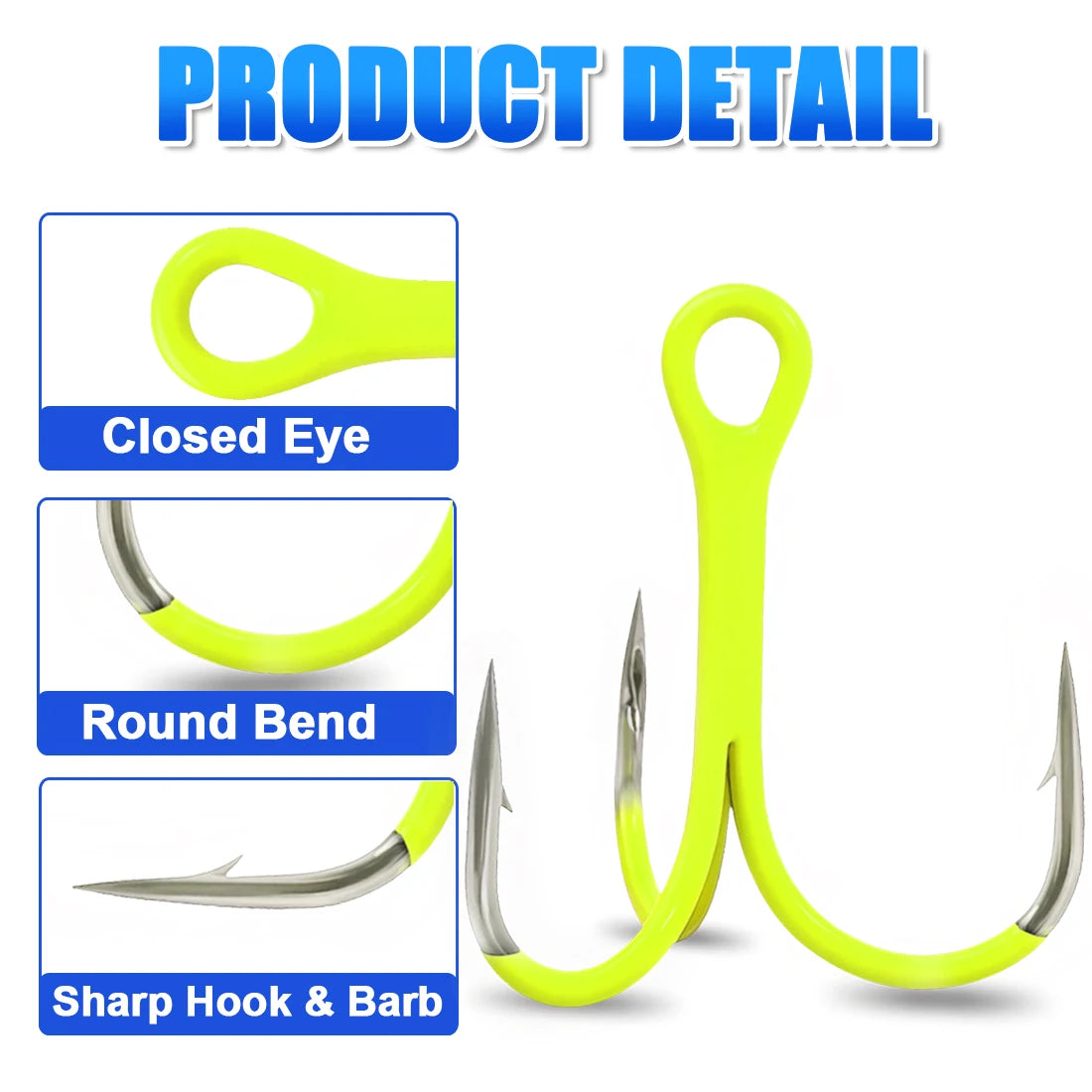 FishTrip Fishing Treble Hook Fluorescent/Luminous Green Inline Treble Hook Saltwater Freshwater Fishing Lure Bait Triple Hook