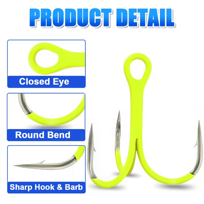 FishTrip Fishing Treble Hook Fluorescent/Luminous Green Inline Treble Hook Saltwater Freshwater Fishing Lure Bait Triple Hook