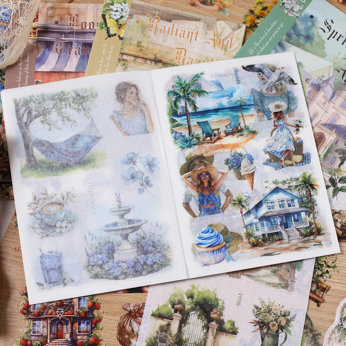 Journamm 10sheets Vintage PET Stickers Washi Paper Stickers DIY Scrapbooking Collage Decor Junk Journal Aesthetics Sticker