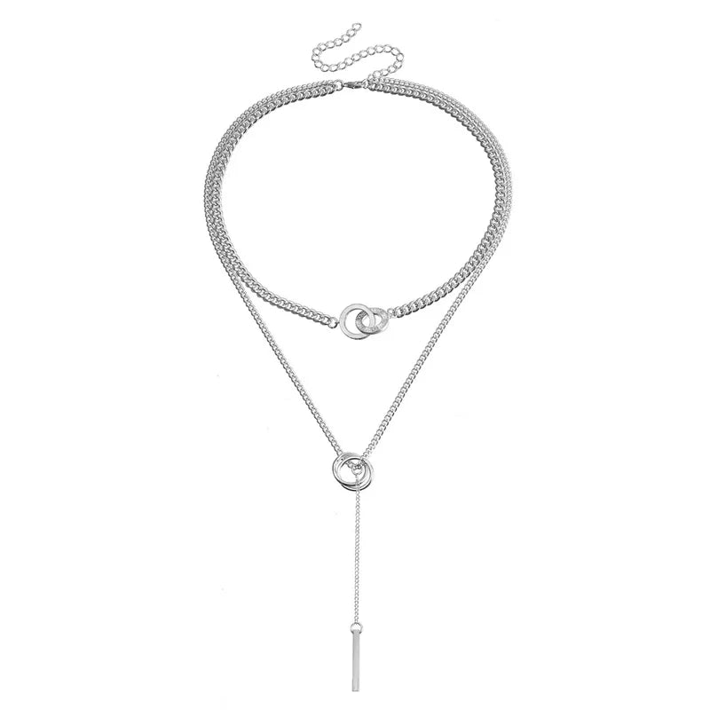 Golden Plated Lariat Necklace for Women Fashion Double Laryered Long Chain Drop Pendant Choker Necklaces Fashion Gifts - 2