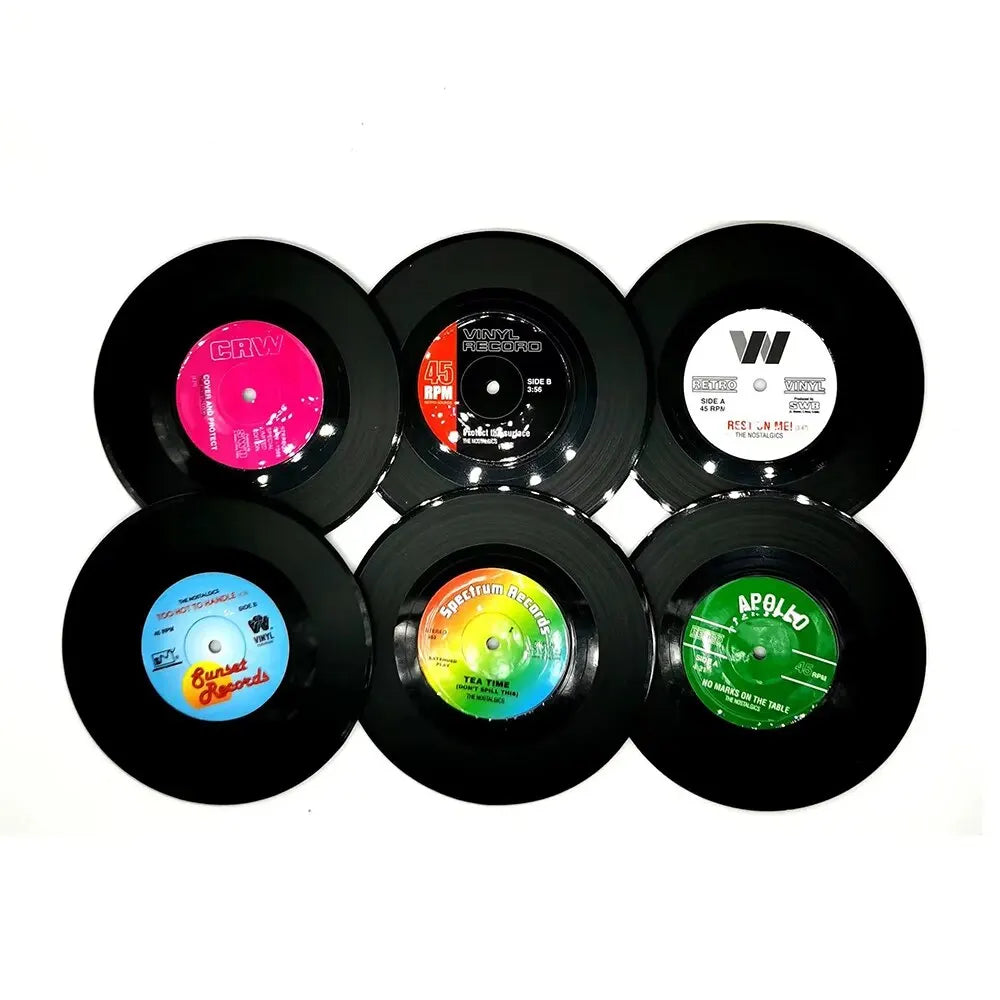 Set of 6 Colorful Retro Vinyl Record Disk Coasters for Drinks Vinyl Record Coaster Set Coffee Table Decor - 6pcs per set B