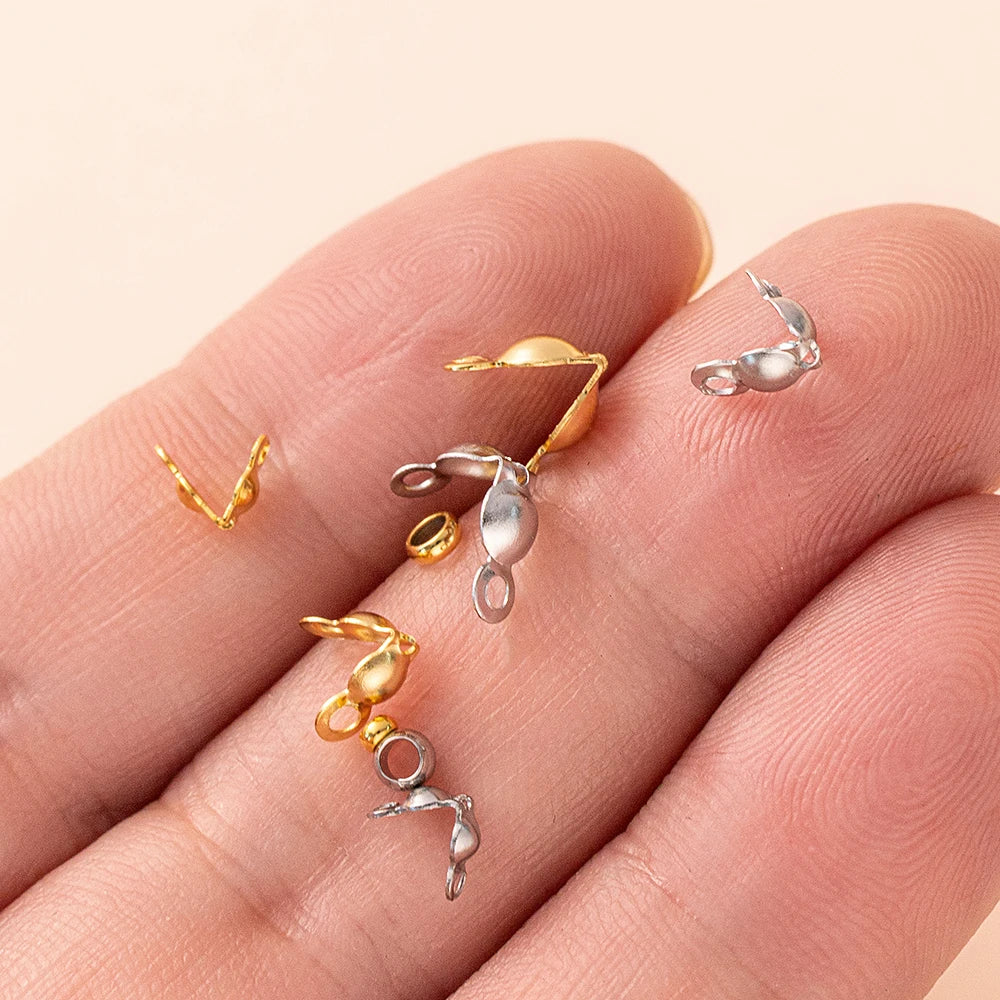 50pcs Stainless Steel Crimp Bead Tips Knot Covers Clamshell Fold-Over Bead Tips with 50pcs End Caps for Jewelry Making Craft 