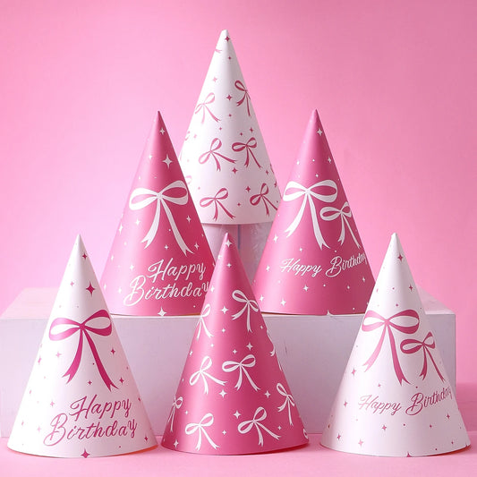 6 Pink Bow-Themed Party Paper Hats, Cute and Beautiful Pink Bow Designs, Suitable for Birthday Parties, Gender Reveal Parties