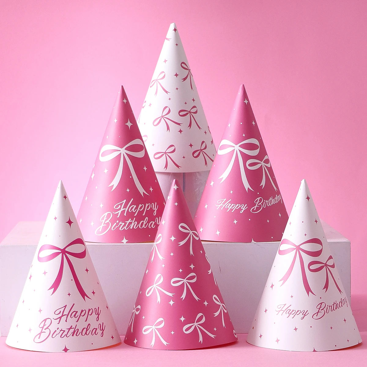 6 Pink Bow-Themed Party Paper Hats, Cute and Beautiful Pink Bow Designs, Suitable for Birthday Parties, Gender Reveal Parties