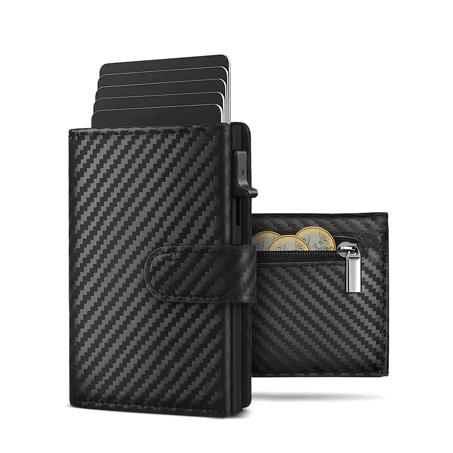 Pop Up Wallet with Coin Compartment RFID Protection Credit Card Holder Wallet for Men - Carbon fiber Black
