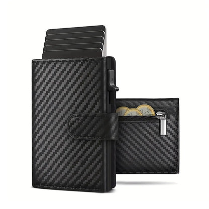 Pop Up Wallet with Coin Compartment RFID Protection Credit Card Holder Wallet for Men - Carbon fiber Black