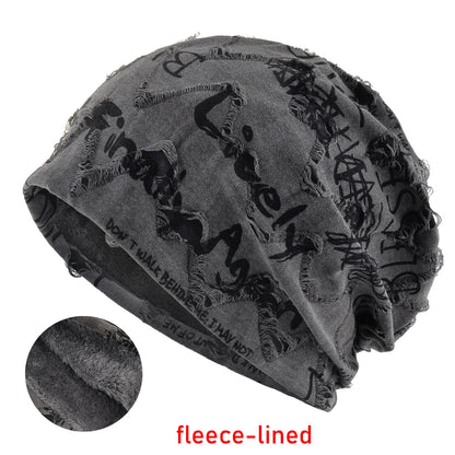 Letter Print Beanie Hats For Women Men Vintage Distressed Cracked Design ​Wasteland Style Spring Summer Warm Fleece-lined Win