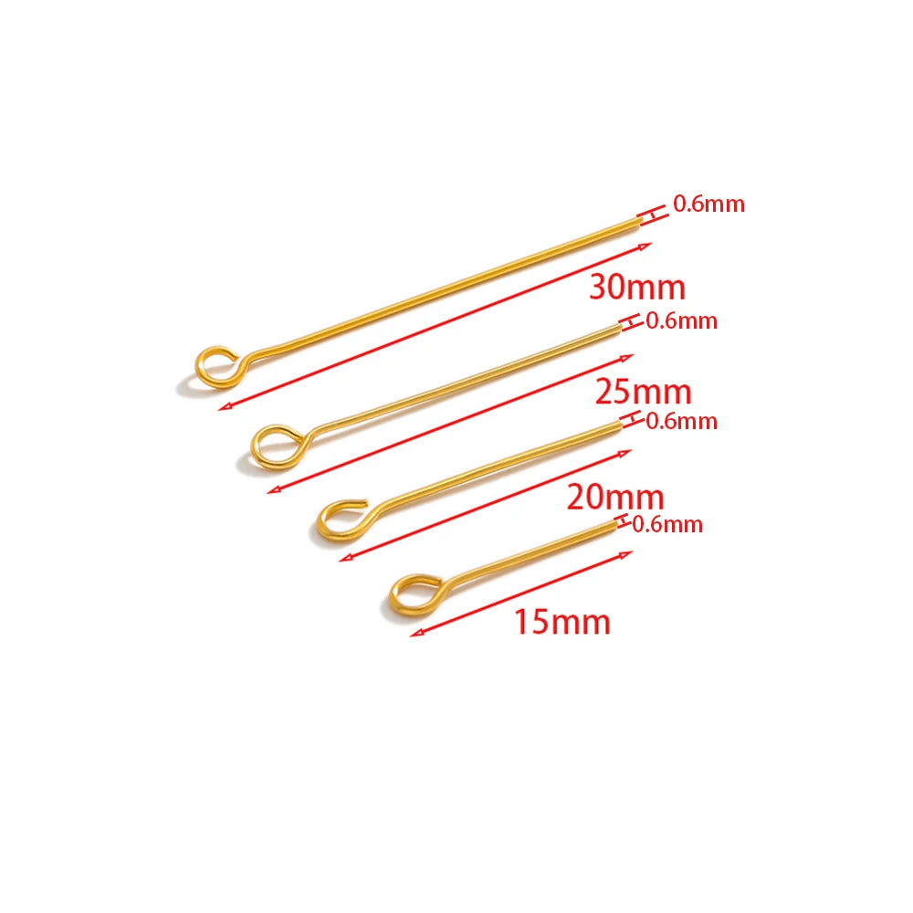 100Pcs 15-50mm Stainless Steel Water Gold Color Eye Pins Hooks Earrings Findings DIY for Jewelry Handmade Crafts Making 0.6mm